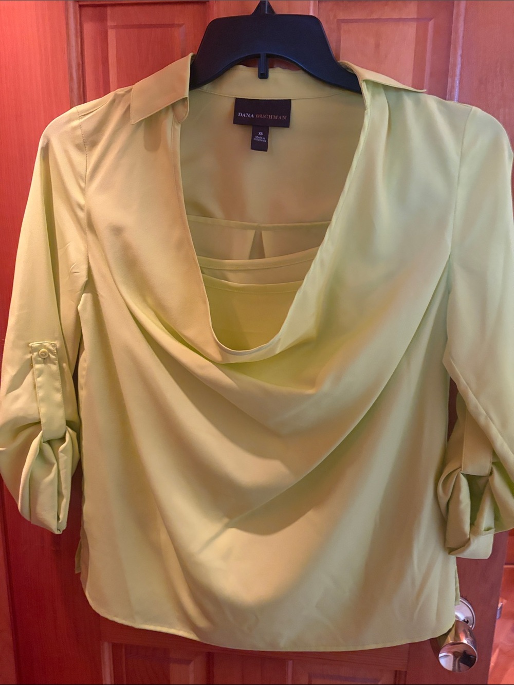 Dana Buchman Lime Green Draped Cowl Neck Blouse with Roll-Tab Sleeves